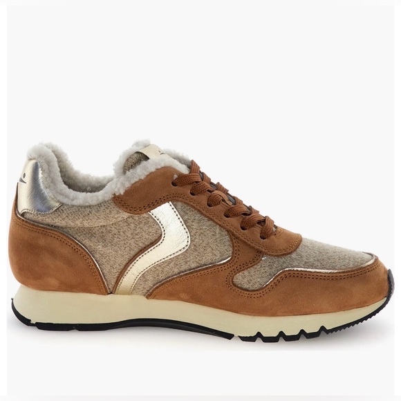 NWT VOILE BLANCHE Julia Genuine Shearling Sneaker in Brown Beige - Picture 3 of 15